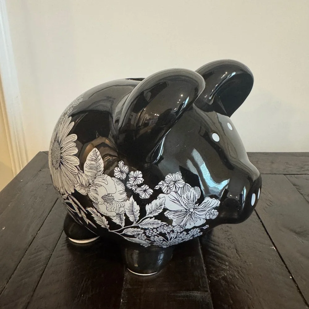 Target Black Floral Ceramic Piggy Bank White Botanical Glossy 065160130 2009